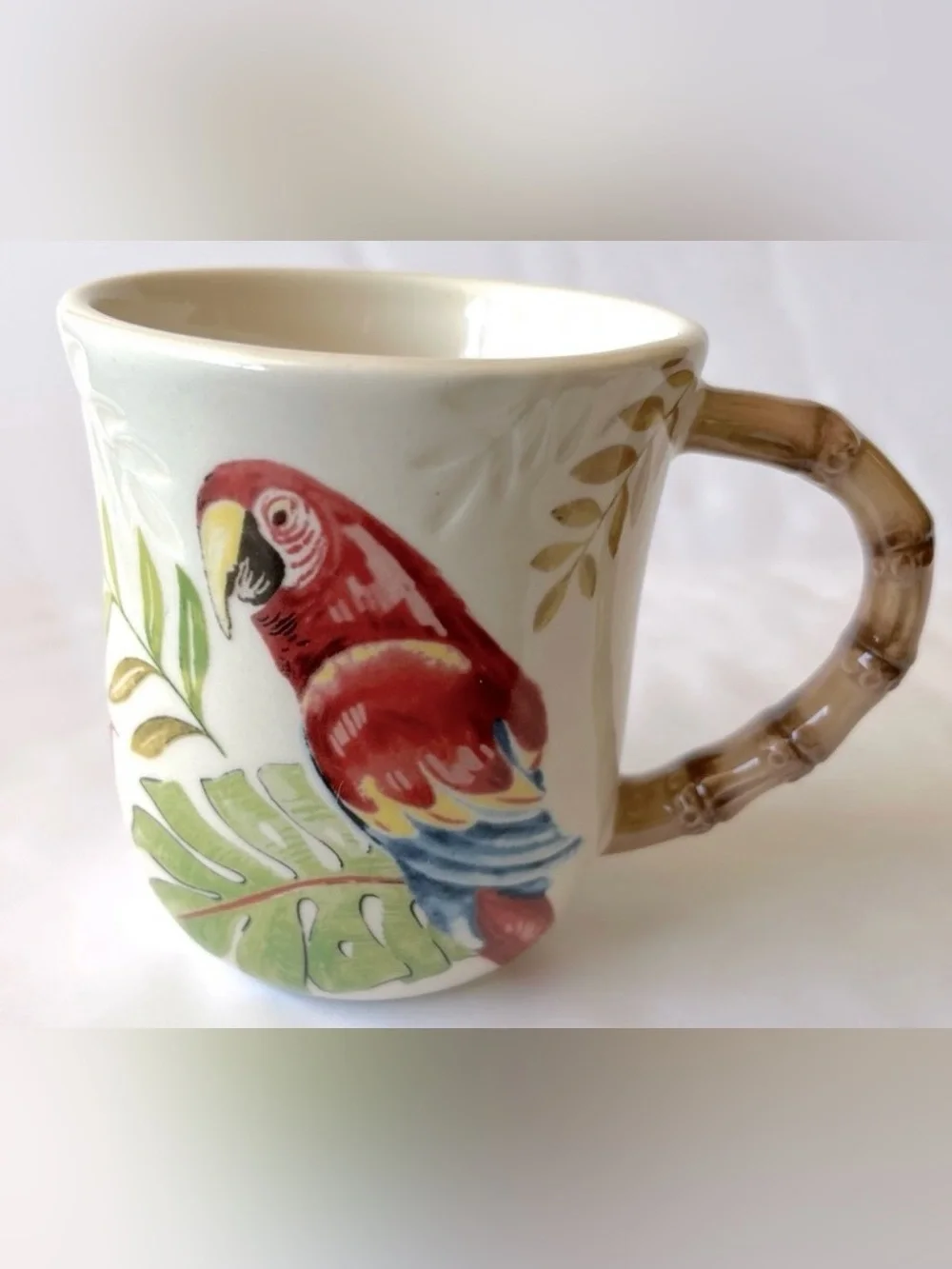 Pier 1 Vintage Red Parrot White Mug Cup Bamboo Handle 14oz